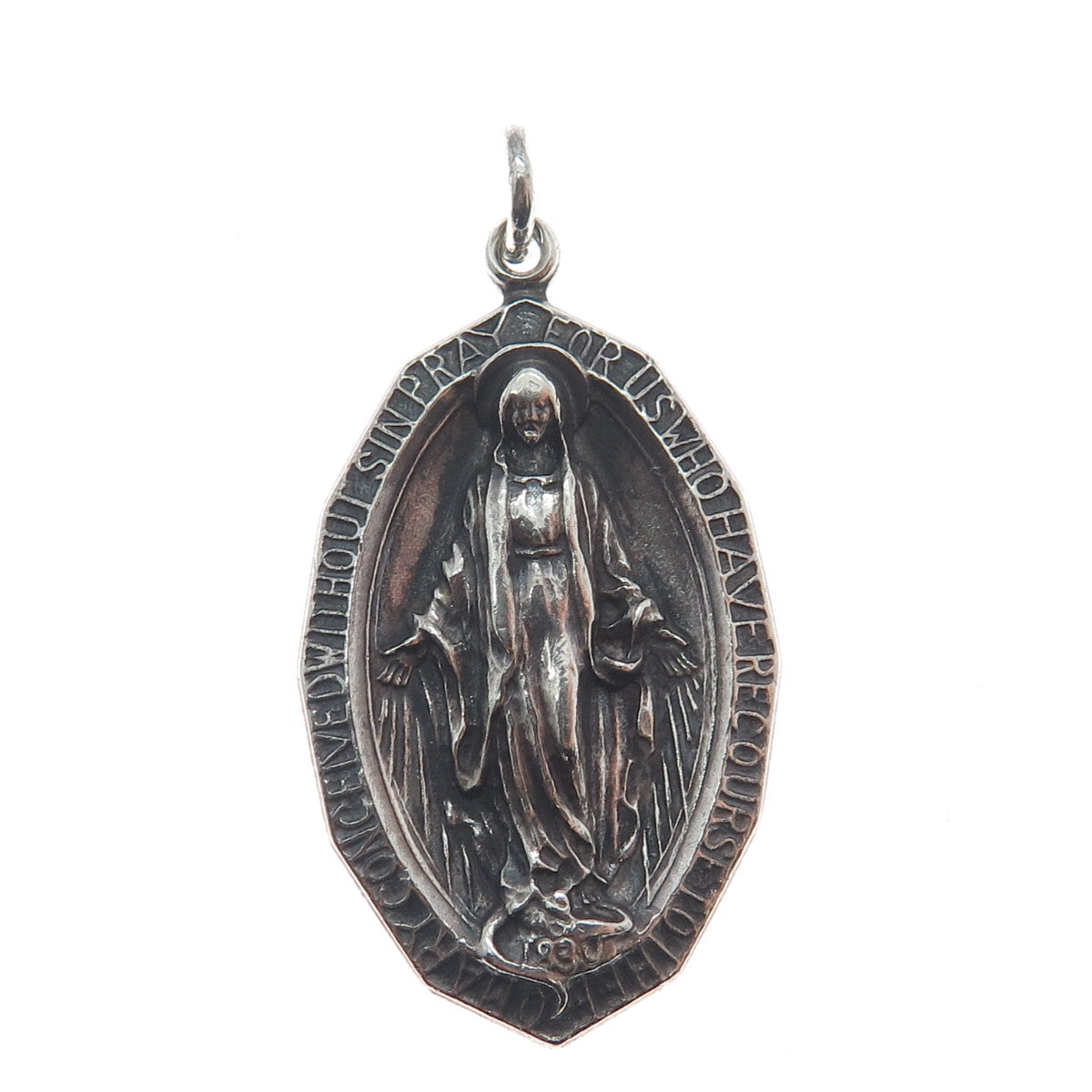 925 Sterling Silver Vintage St. Mary Miraculous Religious Oxidized Charm Pendant