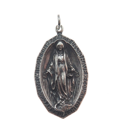 925 Sterling Silver Vintage St. Mary Miraculous Religious Oxidized Charm Pendant