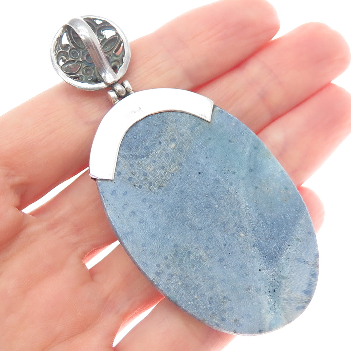 925 Sterling Silver Vintage Real Angelite Modernist Flower Pendant