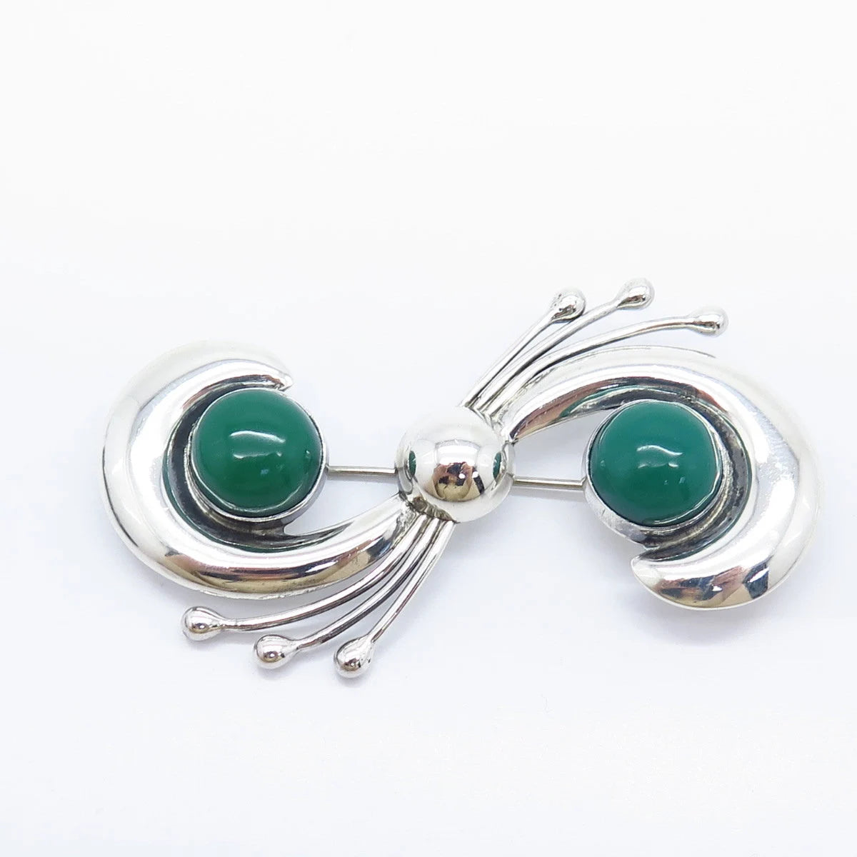 925 Sterling Silver Vintage Mexico Real Green Onyx Gemstone Pin Brooch