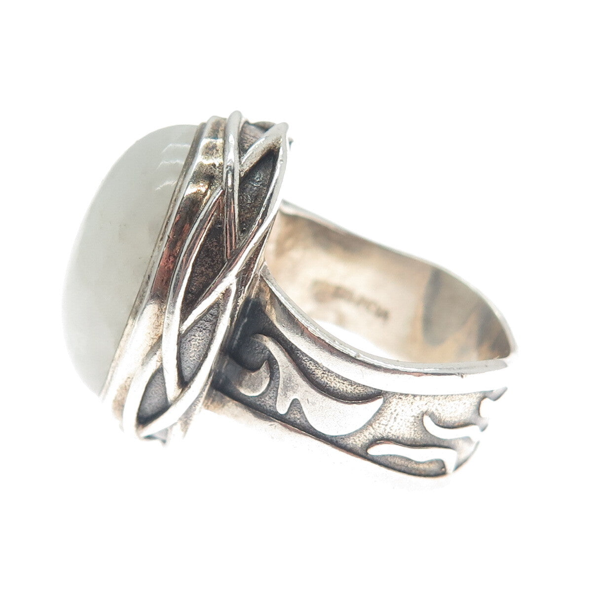 925 Sterling Silver Vintage Real Moonstone Modernist Wavy Oxidized Ring Size 8