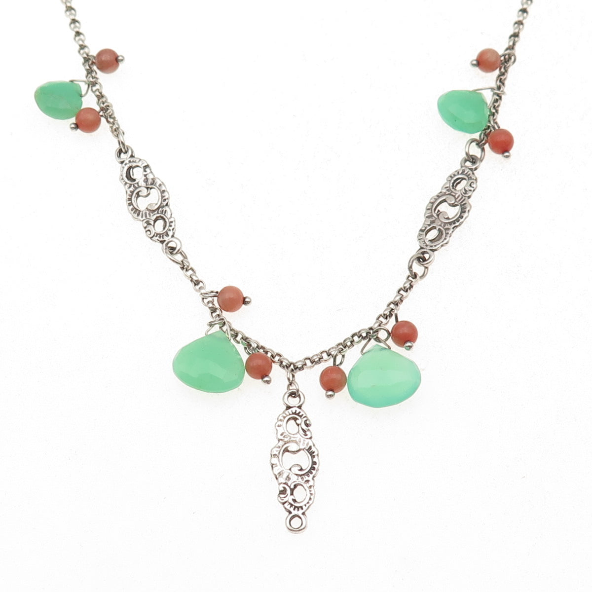 925 Sterling Silver Vintage Real Chalcedony Coral Floral Rolo Chain Necklace 16"