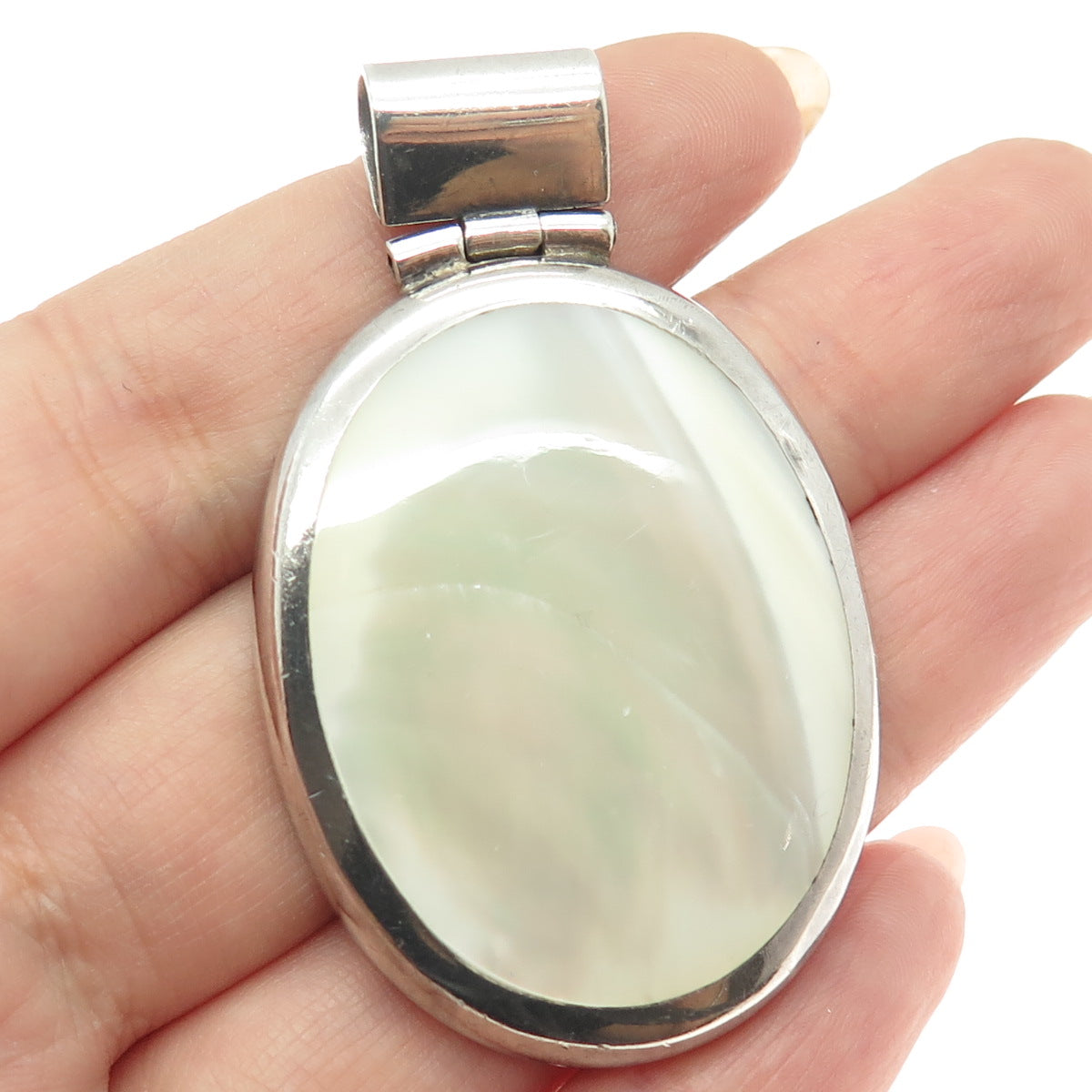 ATI 925 Sterling Silver Vintage Mexico Real Mother-of-Pearl Oval Slide Pendant