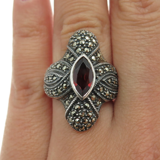 JUDITH JACK 925 Sterling Silver Vintage Red Garnet Marcasite Gem Ring Size 6.25