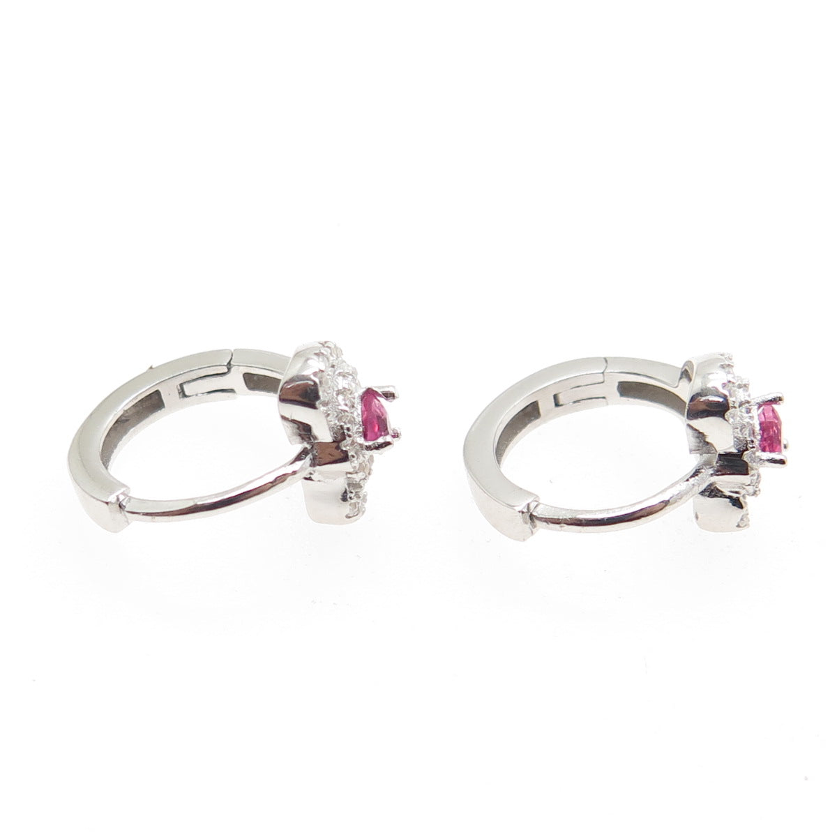 925 Sterling Silver Pink Heart-Cut & White Round-Cut Shaped C Z Hoop Earrings