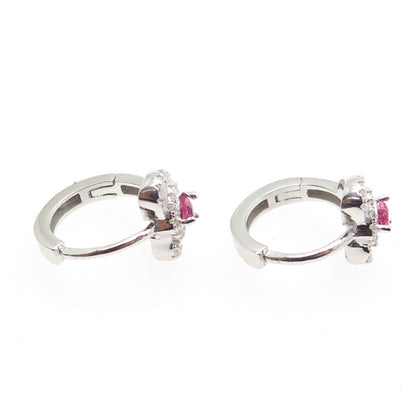925 Sterling Silver Pink Heart-Cut & White Round-Cut Shaped C Z Hoop Earrings