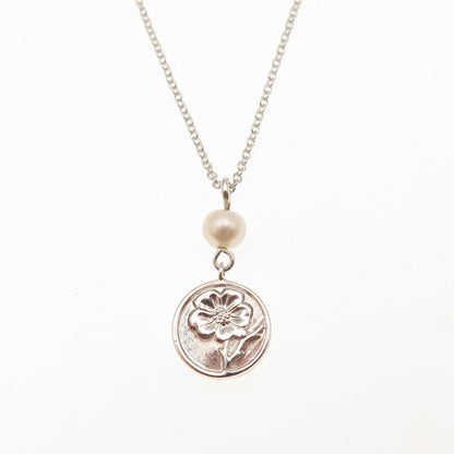 Tiffany & Co. 925 Sterling Silver Vintage Real Pearl Hibiscus Motif Necklace 16"