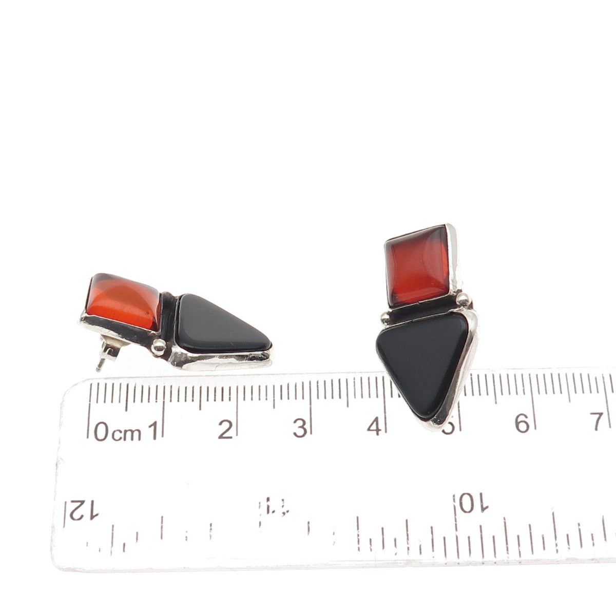 925 Sterling Silver Vintage Real Black Onyx & Amber Modernist Earrings