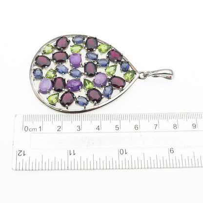 925 Sterling Silver Real Amethyst Iolite & Peridot Cluster Teardrop Pendant