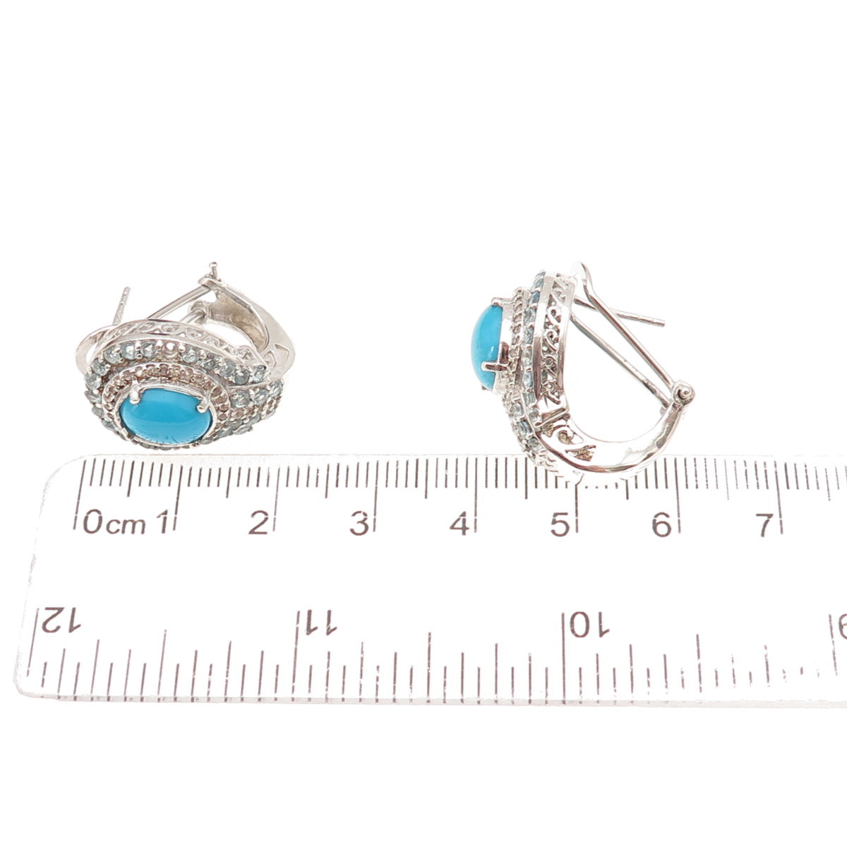 Chuck Clemency Sterling Real Turquoise Blue & White Topaz Omega Back Earrings