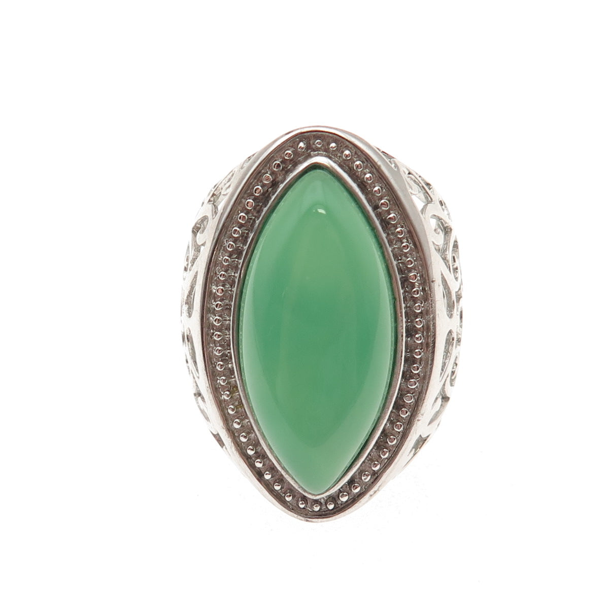 Ken Crafts 925 Sterling Silver Real Green Agate Floral Scroll Ring Size 8.5