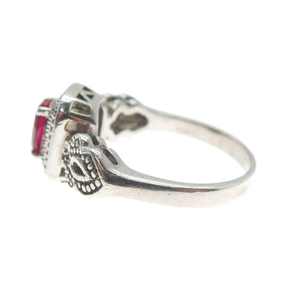925 Sterling Silver Vintage Real Diamond Accent Lab-Created Ruby Ring Size 8.25