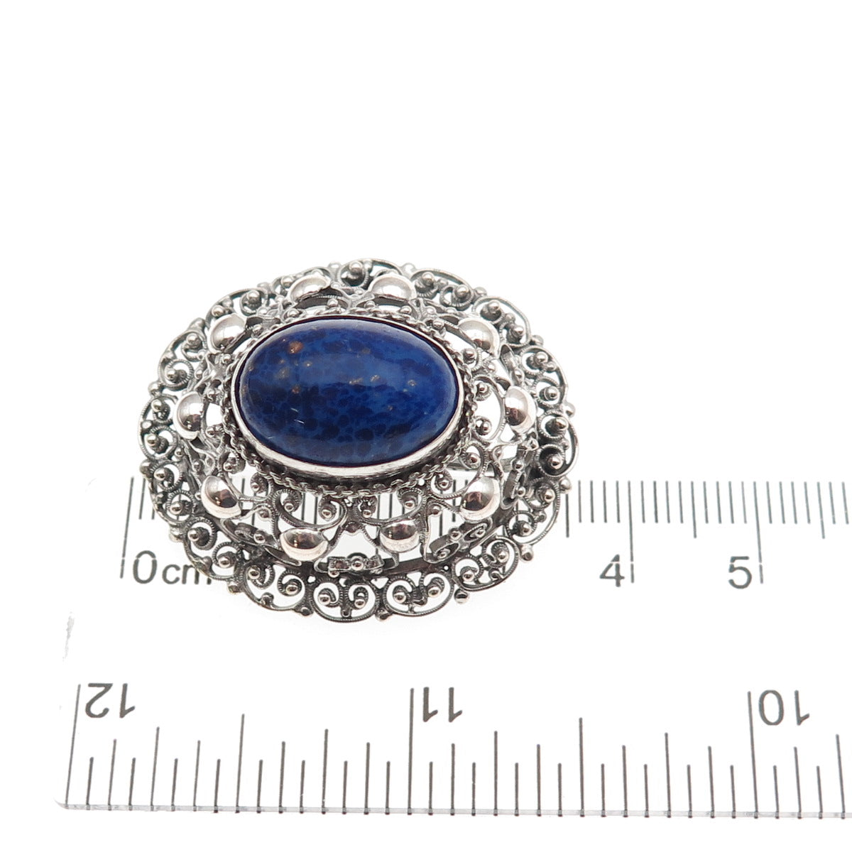 800 Silver Antique Art Deco Real Cabochon Lapis Filigree Oxidized Pin Brooch
