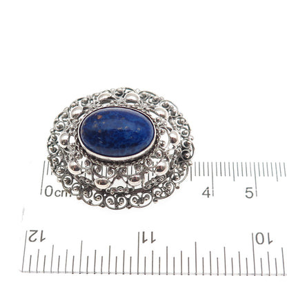 800 Silver Antique Art Deco Real Cabochon Lapis Filigree Oxidized Pin Brooch