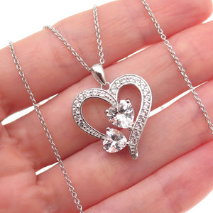 Sun 925 Sterling Silver Real White Topaz Heart Cable Chain Necklace 18"
