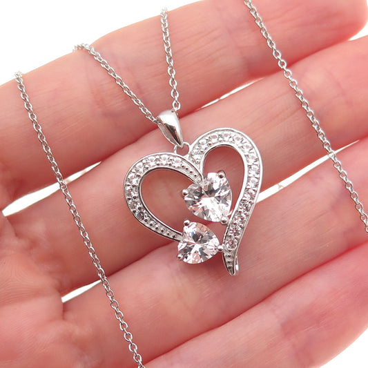 Sun 925 Sterling Silver Real White Topaz Heart Cable Chain Necklace 18"