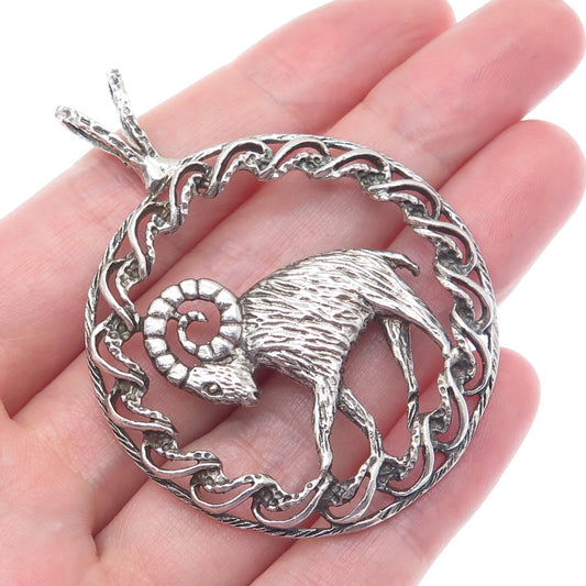 925 Sterling Silver Vintage Aries Zodiac Sign Oxidized Pendant