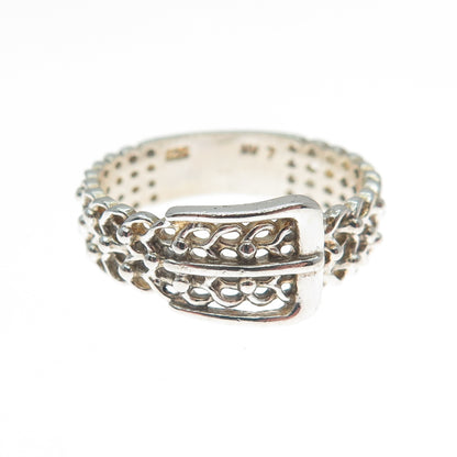 NEVADA 925 Sterling Silver Vintage Belt Buckle Heart Link Ring Size 7