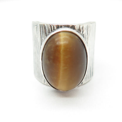 925 Sterling Silver Vintage 1966 SW London Tiger Eye Adjustable Ring Size 7.5