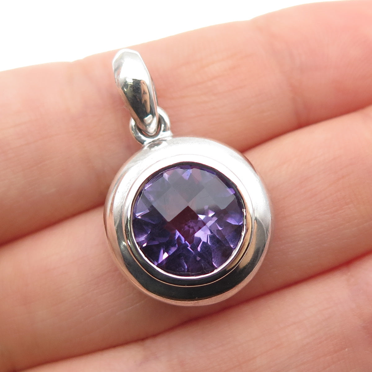 925 Sterling Silver Vintage EMA Real Round-Cut Amethyst Charm Pendant