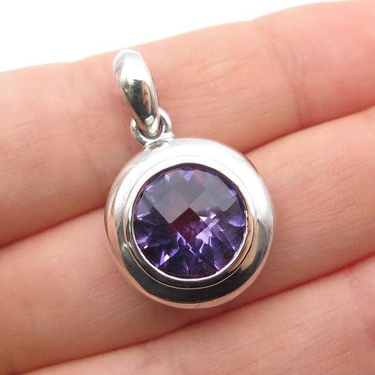 925 Sterling Silver Vintage EMA Real Round-Cut Amethyst Charm Pendant