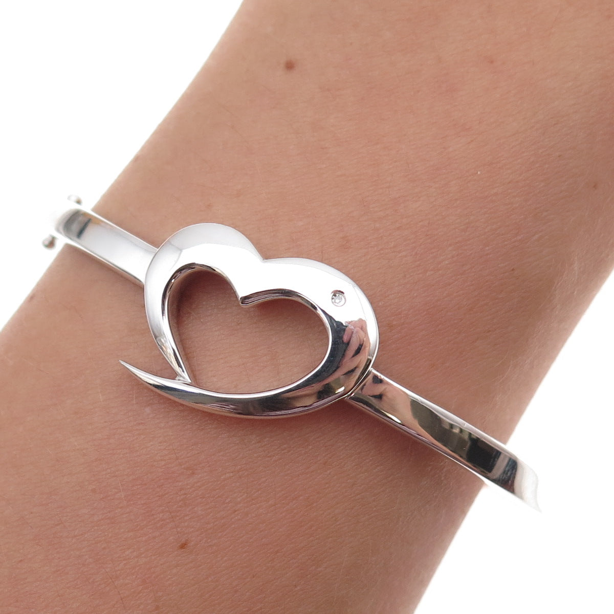 Dia 925 Sterling Silver Real Diamond Open Heart Bangle Bracelet 6.75"
