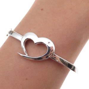 Dia 925 Sterling Silver Real Diamond Open Heart Bangle Bracelet 6.75"