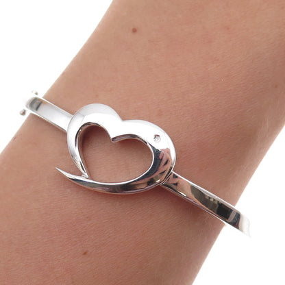 Dia 925 Sterling Silver Real Diamond Open Heart Bangle Bracelet 6.75"