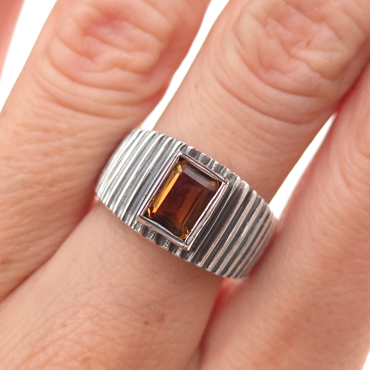 950 Silver Vintage Real Citrine Ribbed Oxidized Ring Size 6.75