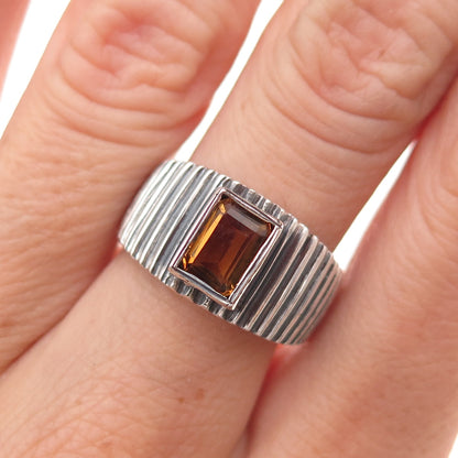 950 Silver Vintage Real Citrine Ribbed Oxidized Ring Size 6.75