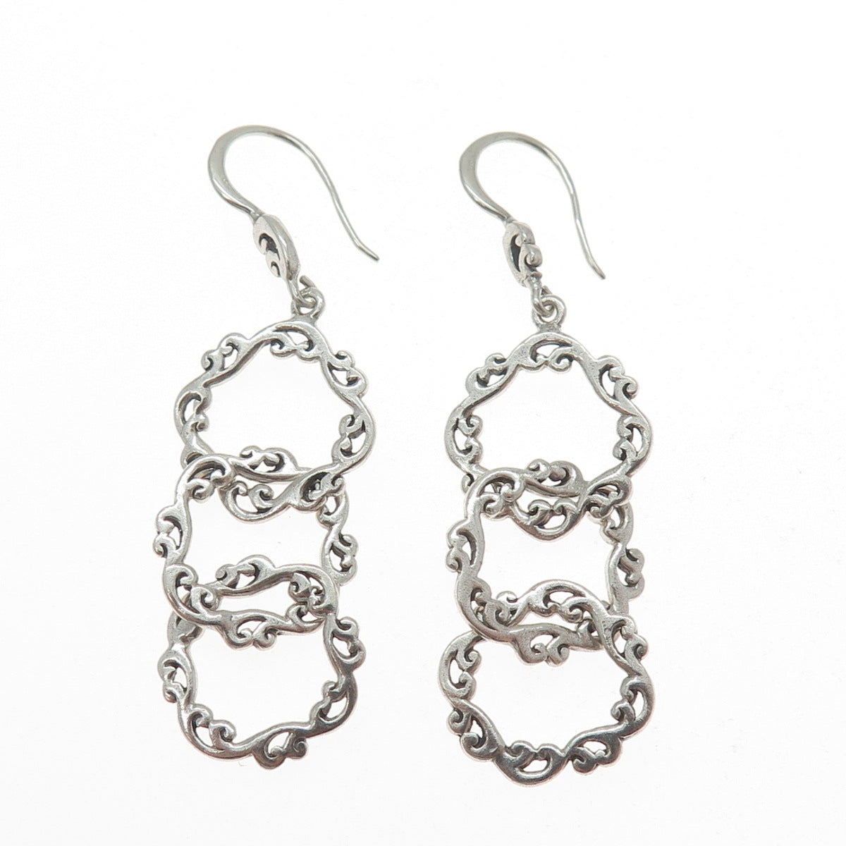 925 Sterling Silver Vintage Floral Scroll Circle Link Dangle Earrings