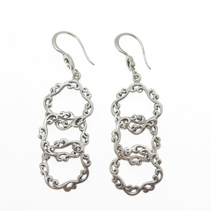 925 Sterling Silver Vintage Floral Scroll Circle Link Dangle Earrings