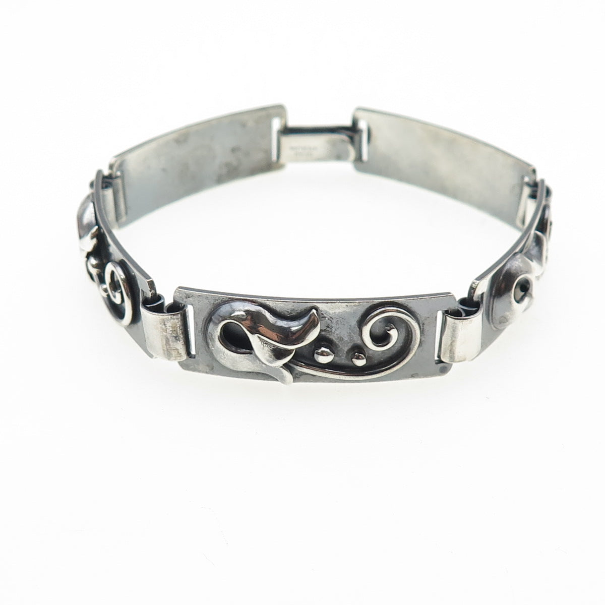 BEAU 925 Sterling Silver Antique Art Deco Flower Oxidized Panel Link Bracelet 7"