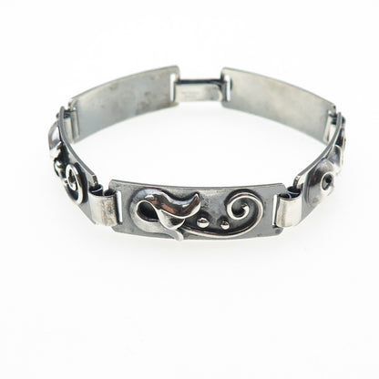 BEAU 925 Sterling Silver Antique Art Deco Flower Oxidized Panel Link Bracelet 7"