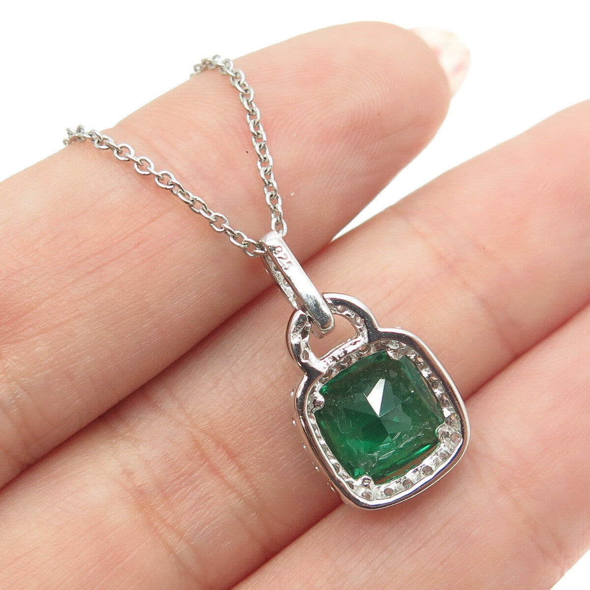 925 Sterling Silver Cushion & Round-Cut Green White C Z Cable Chain Necklace 18"
