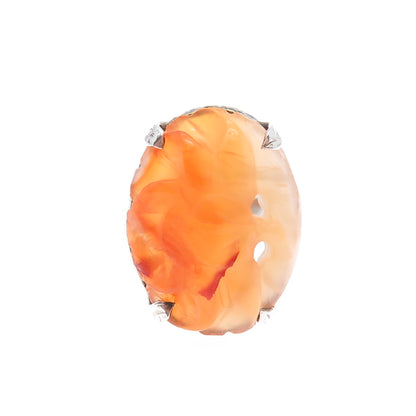 925 Sterling Silver Antique China Real Carved Orange Jade Floral Ring Size 2.75
