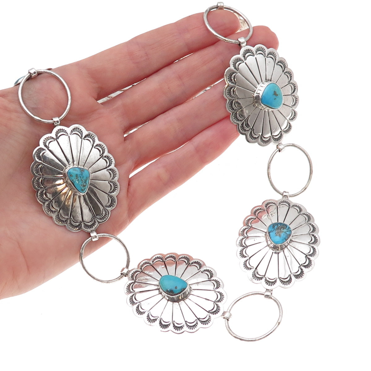 Nelson Garcia Kewa Old Pawn 925 Sterling Vintage Turquoise Concho Necklace 36"