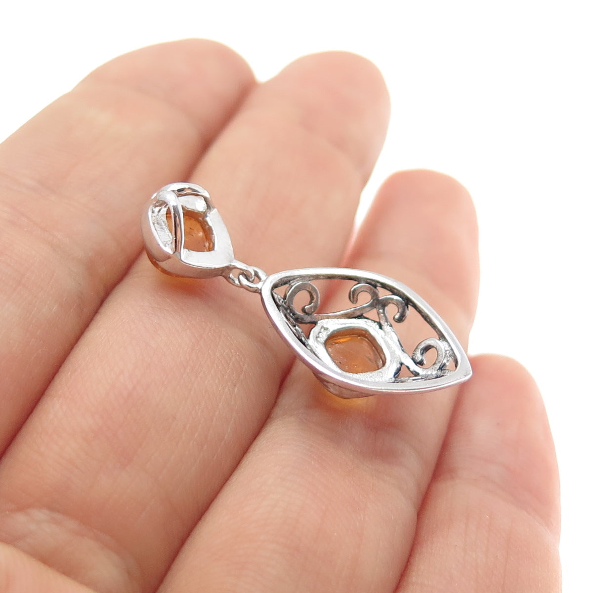 925 Sterling Silver Old Stock Vintage Real Amber Ornate Slide Charm Pendant