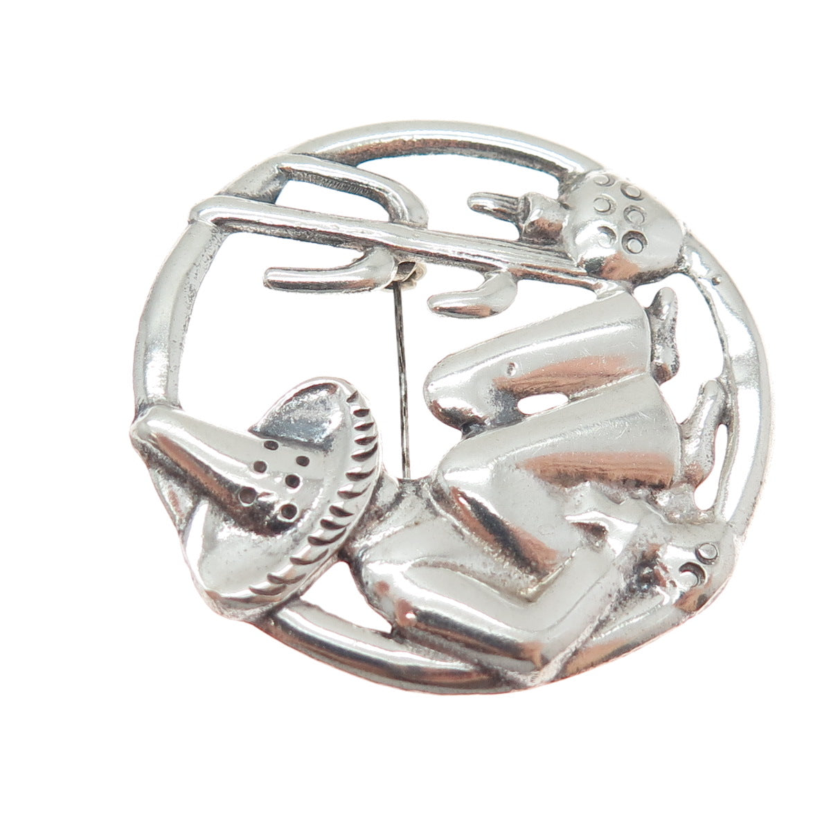 925 Sterling Silver Vintage Mexico Sombrero Man Desert Scene Pin Brooch