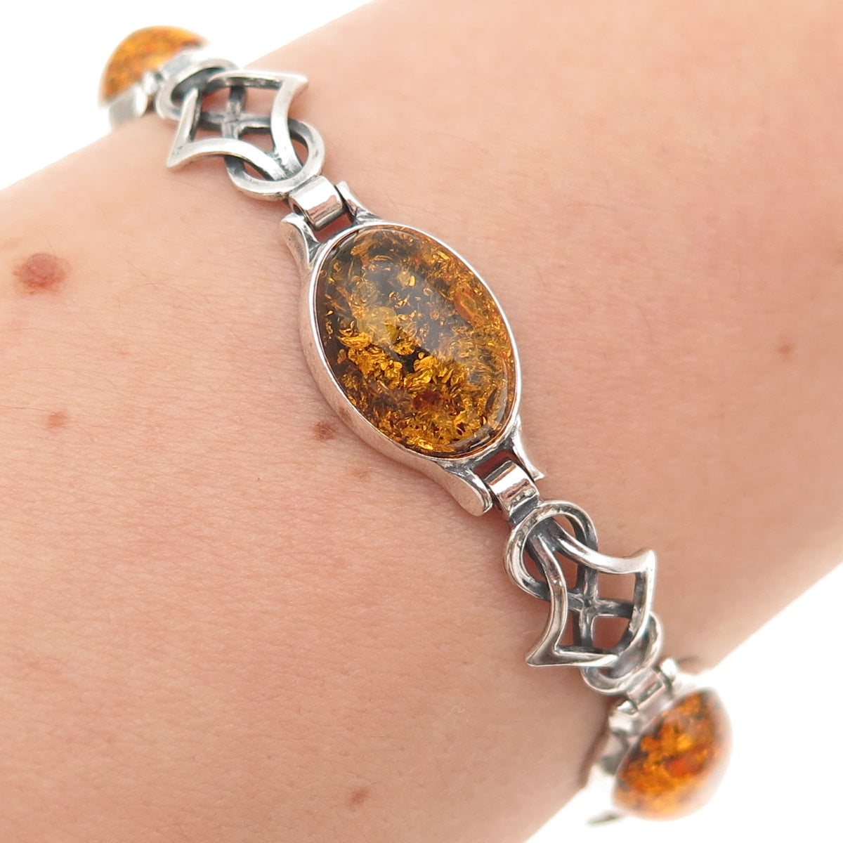 925 Sterling Silver Vintage Real Amber Celtic Knot Oxidized Bracelet 7.25"