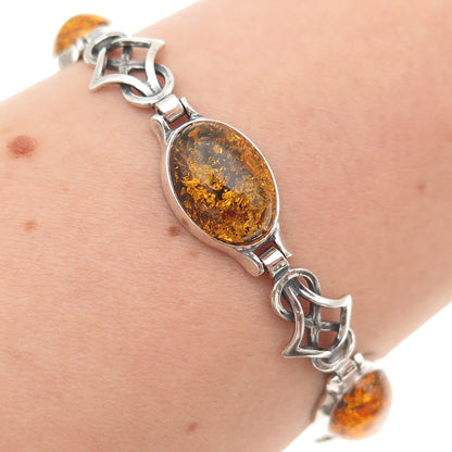 925 Sterling Silver Vintage Real Amber Celtic Knot Oxidized Bracelet 7.25"