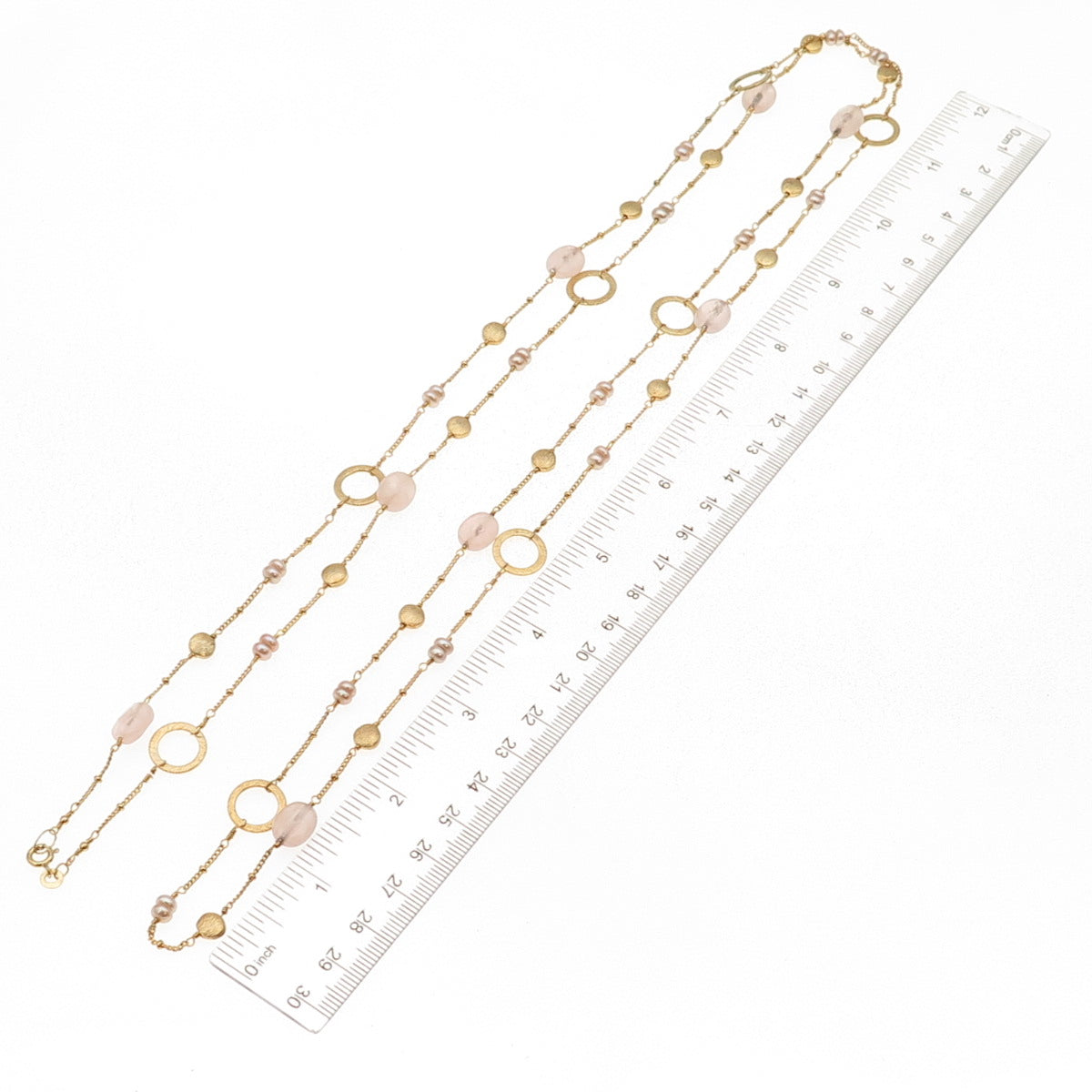 925 Sterling Silver Gold Plated Real Pearl & Rose Quartz Long Chain Necklace 48"