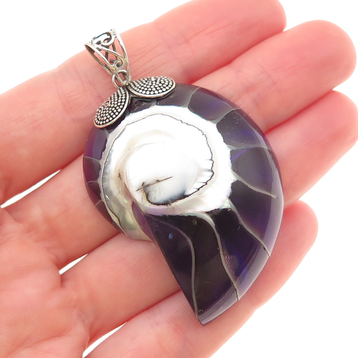 925 Sterling Silver Vintage Real Purple Nautilus Shell Modernist Pendant