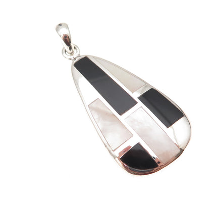 925 Sterling Silver Vintage Real Black Onyx & MOP Modernist Charm Pendant