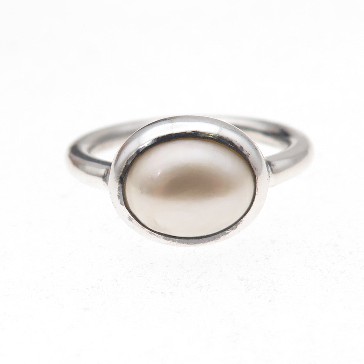 925 Sterling Silver Vintage Real Pearl Modernist Oxidized Ring Size 7.5