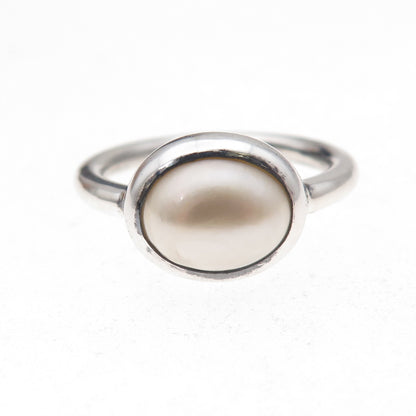 925 Sterling Silver Vintage Real Pearl Modernist Oxidized Ring Size 7.5