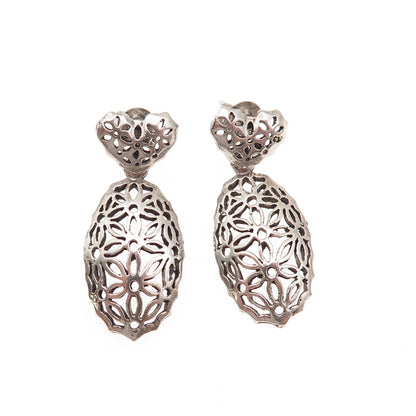 925 Sterling Silver Vintage Floral Ornate Oxidized Dangle Earrings
