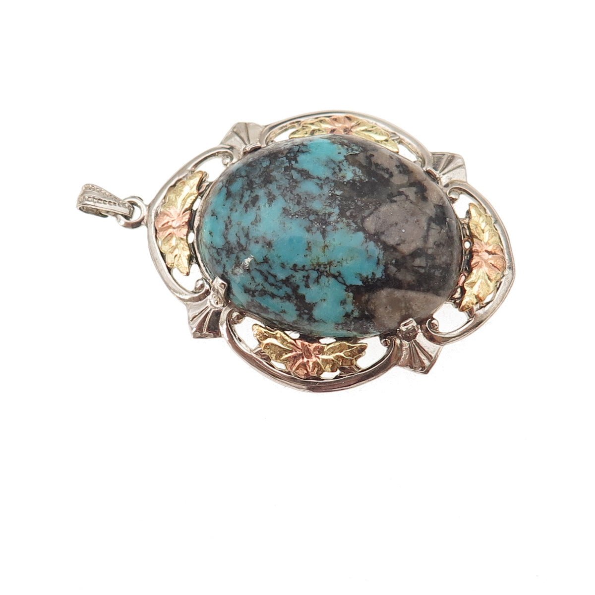 L.S. Peterson Co. 925 Sterling 10K Gold Antique Art Deco Real Turquoise Pendant