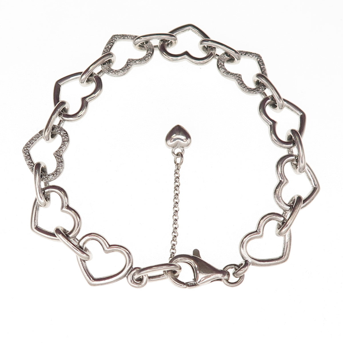 925 Sterling Silver Real Diamond Heart Link Bracelet 7.5"