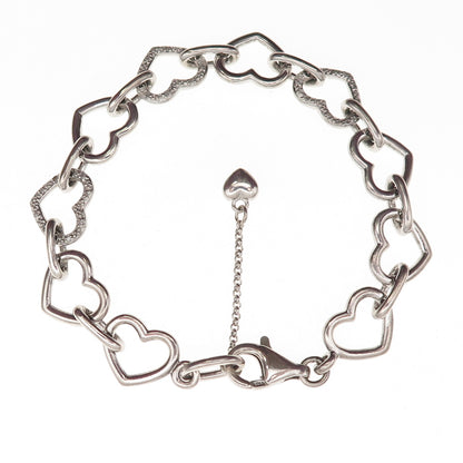 925 Sterling Silver Real Diamond Heart Link Bracelet 7.5"